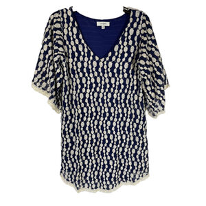 Umgee Navy Blue V-Neck Bell Sleeve Lace Embroidered Shift Dress Sz M